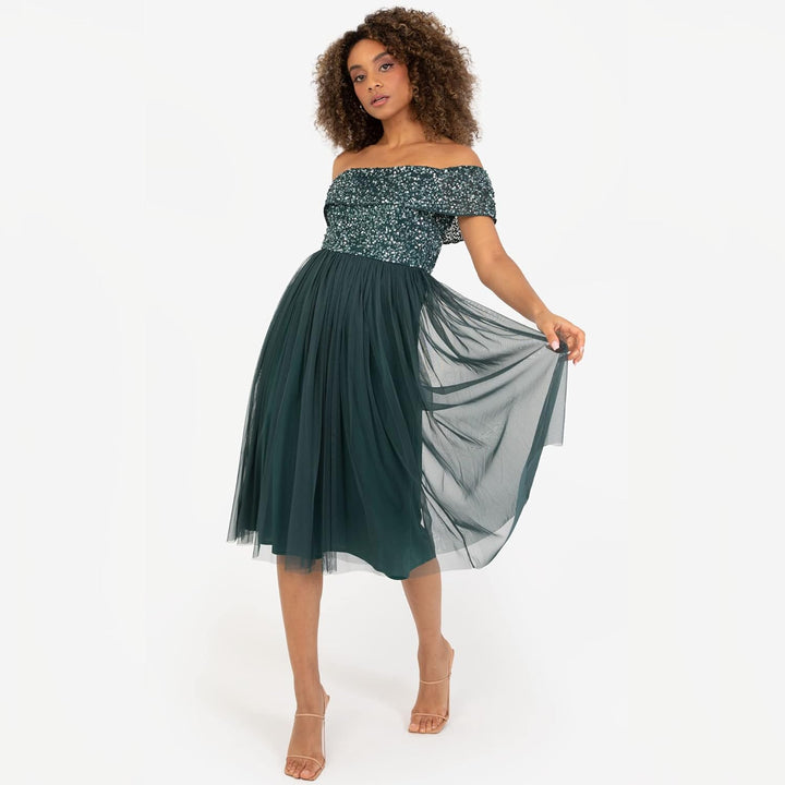 Maya Deluxe Damen Ladies Bardot Dresses Women Midi High Empire Waist Sequins Embellished Formal Even