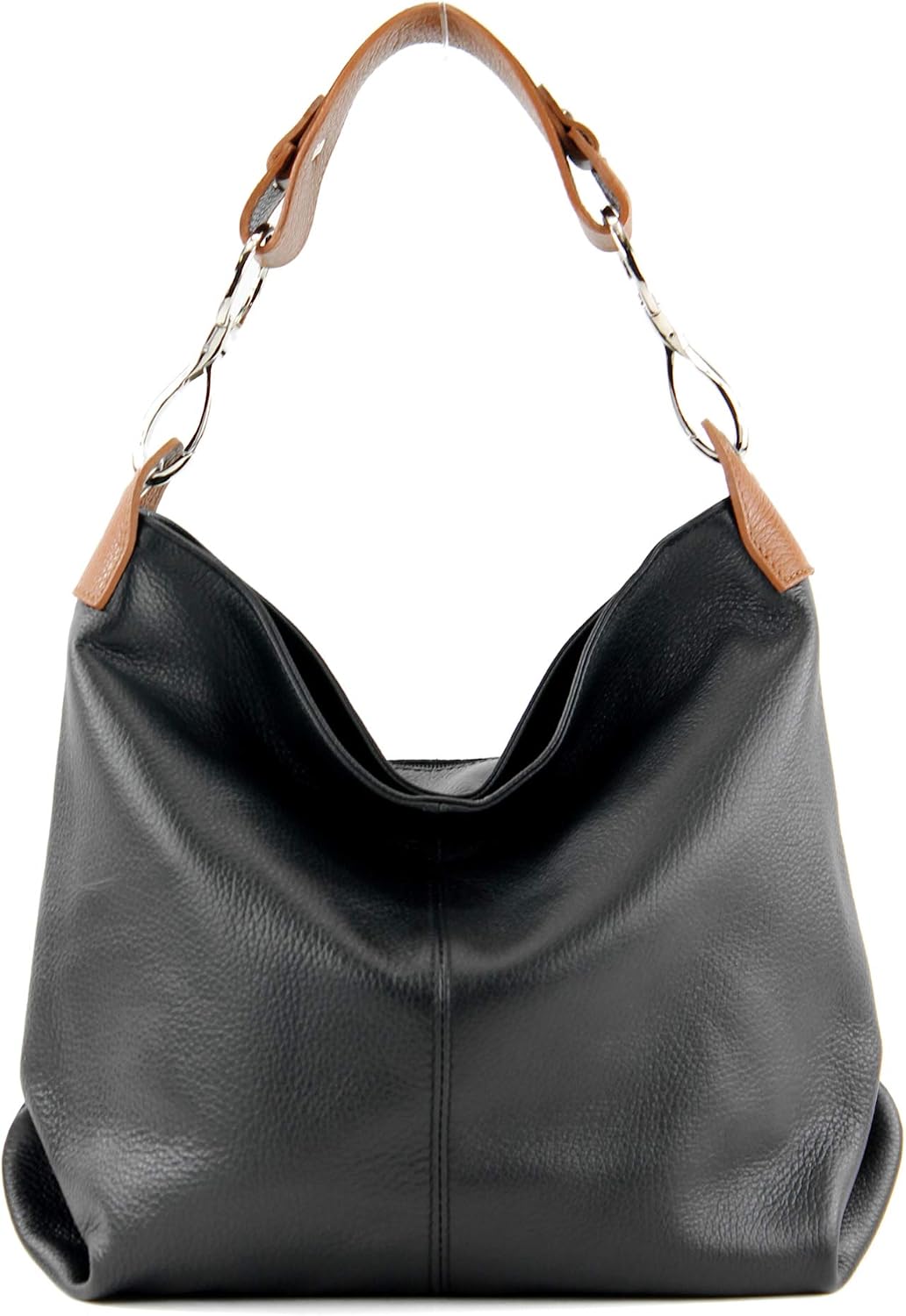 modamoda de T168 Damen Leder Schultertasche, handmade in Italy Schwarz/Cognac, Schwarz/Cognac