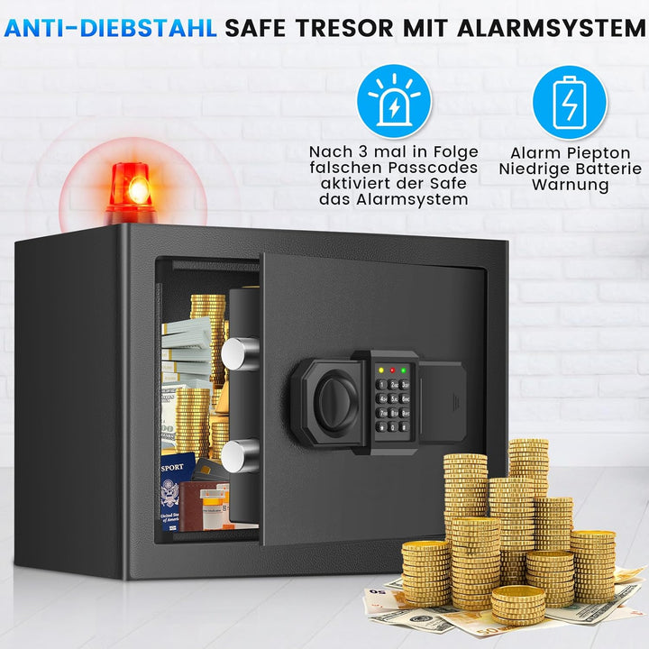 20L Safe Tresor für Zuhause, Stahl Safe mit Ersatzschlüssel, Abnehmbarem Regal und Alarmanlage, Klei