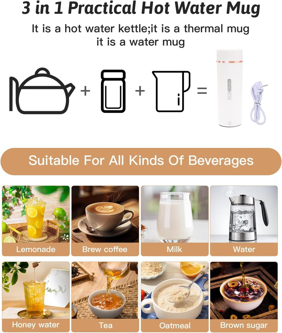 500ML Kleiner Tragbarer Wasserkocher, 3 in 1 Mini Elektrische Wassertasse mit Temperatureinstellung,