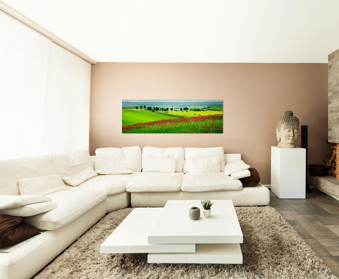 Paul Sinus Art Panoramabild auf Leinwand und Keilrahmen 120x40cm Toskana Blumenwiese Zypressen Lands