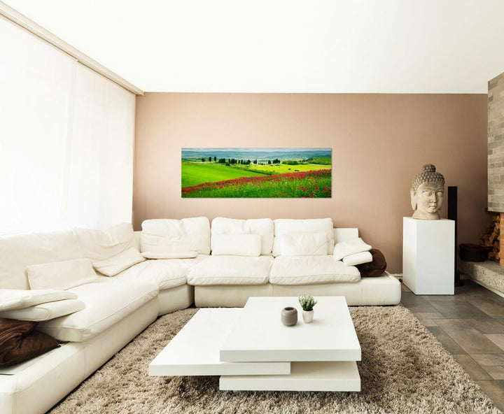 Paul Sinus Art Panoramabild auf Leinwand und Keilrahmen 120x40cm Toskana Blumenwiese Zypressen Lands