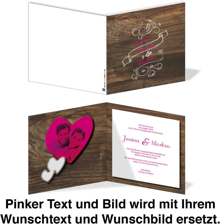 Gaudi Hochzeitskarte rustikal (10 Stück) – Einladungskarte mit Holz-Optik – Vintage Holz Einladung f