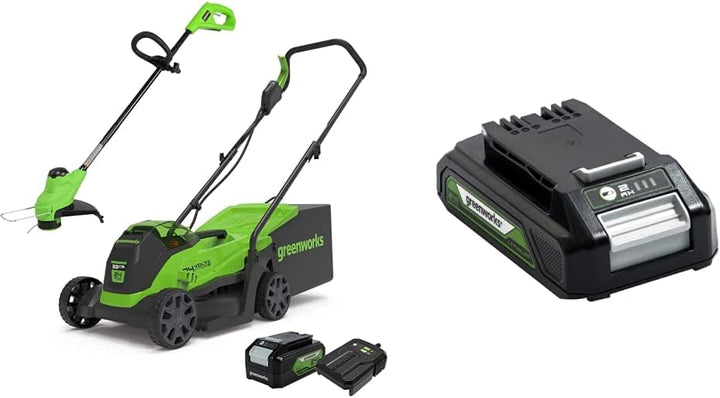 Greenworks Elektro-Rasenmäher 24V 33cm 30L Grasfangbox und Kabelloser Rasentrimmer 25cm automatische