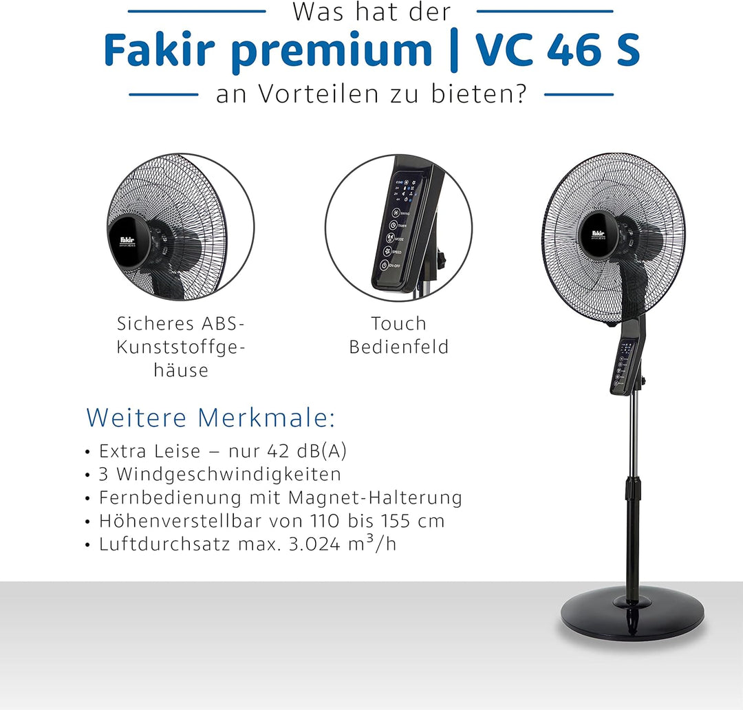 Fakir premium VC 46 S – Höhenverstellbarer leiser Standventilator mit Fernbedienung & 3 Leistungsstu