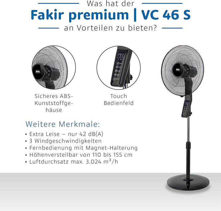 Fakir premium VC 46 S – Höhenverstellbarer leiser Standventilator mit Fernbedienung & 3 Leistungsstu