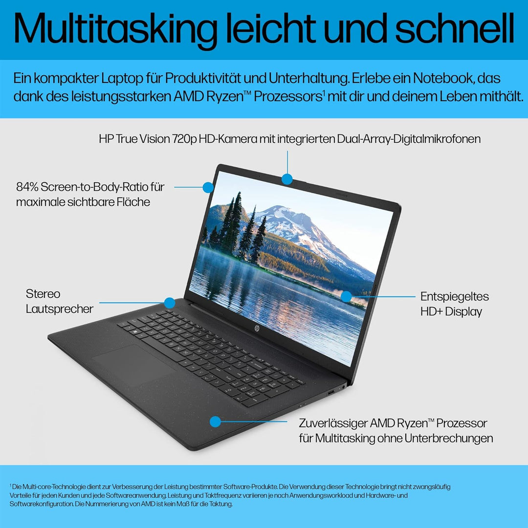 HP Laptop mit 17,3" HD+ Display, AMD Ryzen 3 7320U, 8GB DDR5 RAM, 512 GB SSD, AMD Radeon-Grafik, Win