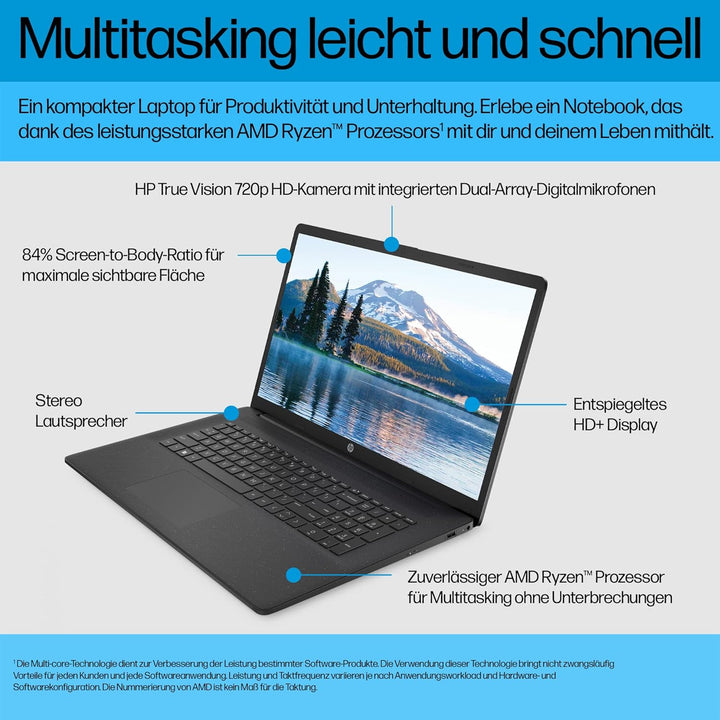 HP Laptop mit 17,3" HD+ Display, AMD Ryzen 3 7320U, 8GB DDR5 RAM, 512 GB SSD, AMD Radeon-Grafik, Win