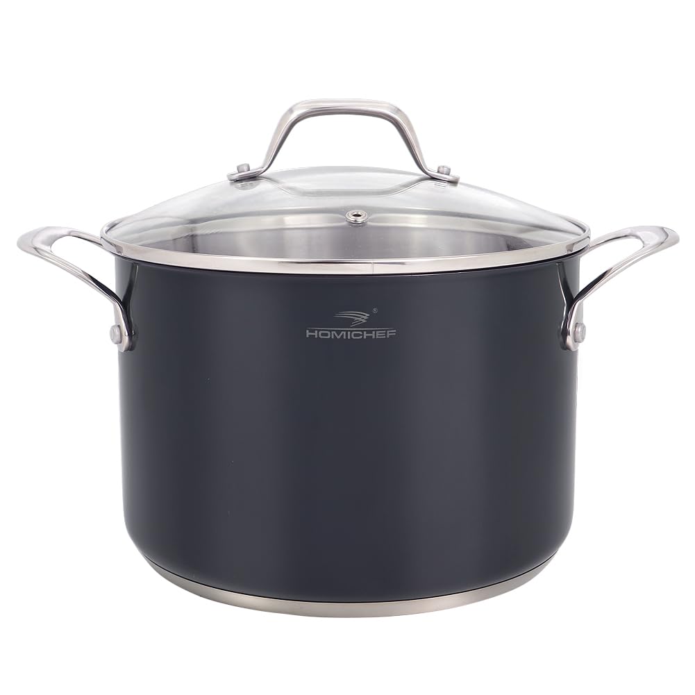 HOMICHEF Marinegrau, nickelfreier Suppentopf aus Edelstahl, 6,6 L, mit Glasdeckel (ungiftige Antihaf