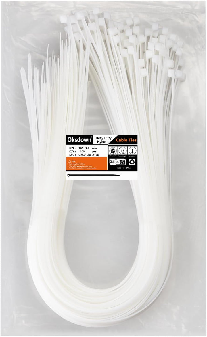 Oksdown 760mm × 7,6mm Breit 100 Stück Stark Kabelbinder mit 55 kg Zugfestigkeit weiss UV-Beständig G