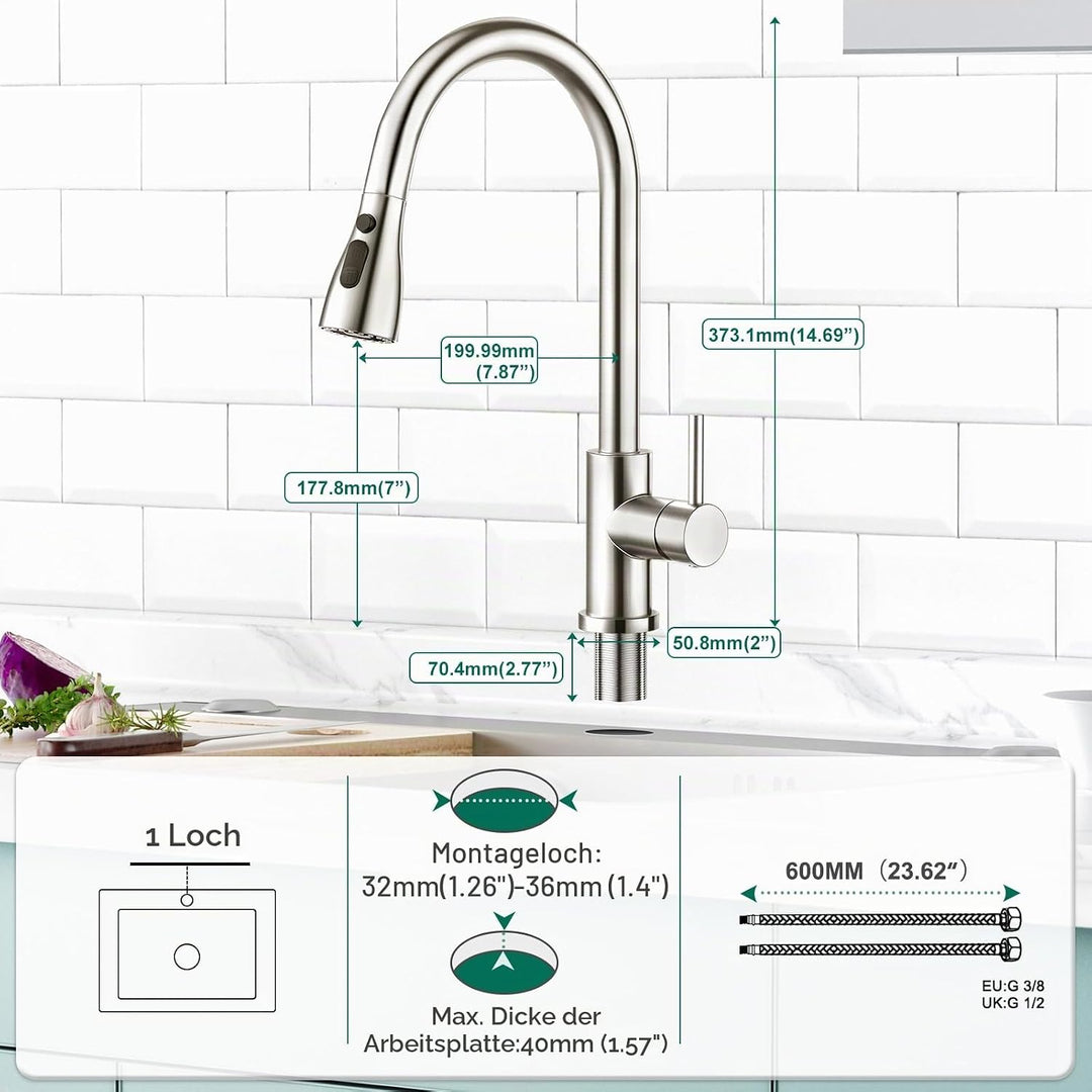 CREA Hochdruck Wasserhahnküche, Küchenarmatur mit 3 Funktionen Brause, Mischbatterie, Ausziehbar, 36