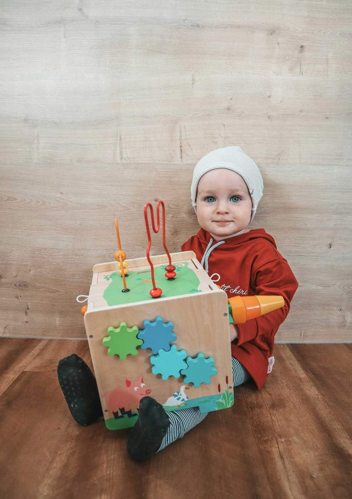 small foot Motorikwürfel Hase aus Holz, mit fünf bespielbaren Seiten, als Kinderhocker verwendbar, a