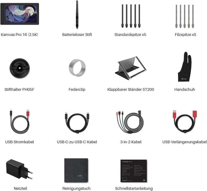 HUION Kamvas Pro 16 (2.5K) Grafiktablett mit Display mit 2.5 K Auflösung, 145% SRGB-Farbraum und 1: