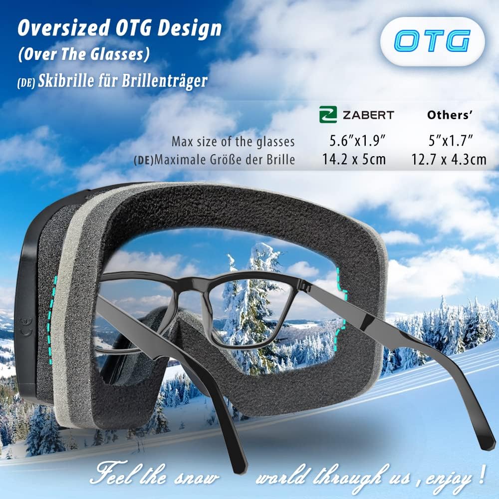 ZABERT Skibrille für Damen Herren Erwachsene Brillenträger, Anti-Beschlag UV-Schutz Anti-Rutsch-Kopf