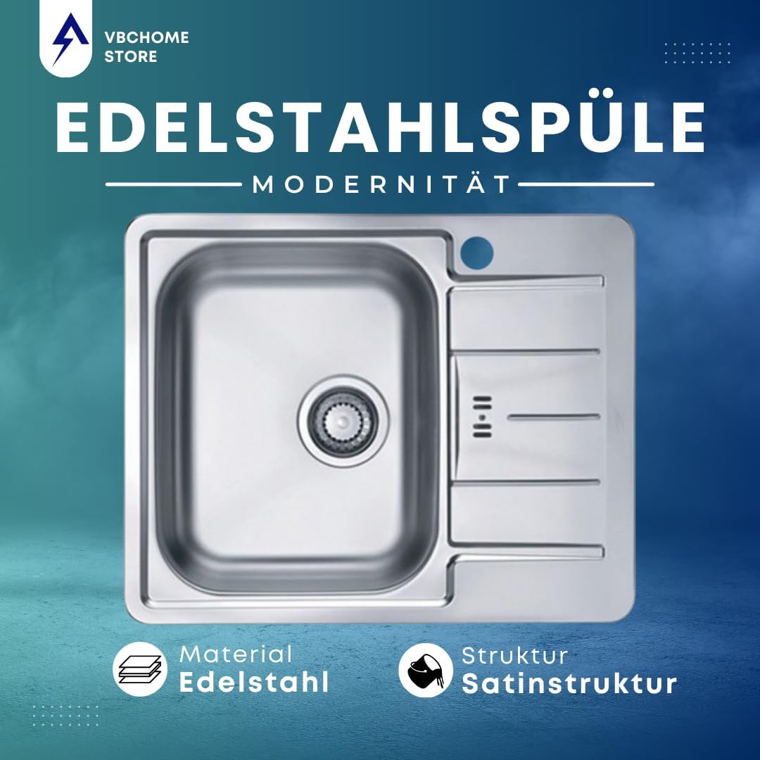 VBChome Spülbecken 61 x 50 cm EDELSTAHL Einbauspüle mit Hahnloch Küchenspüle - Satinstruktur Alveus