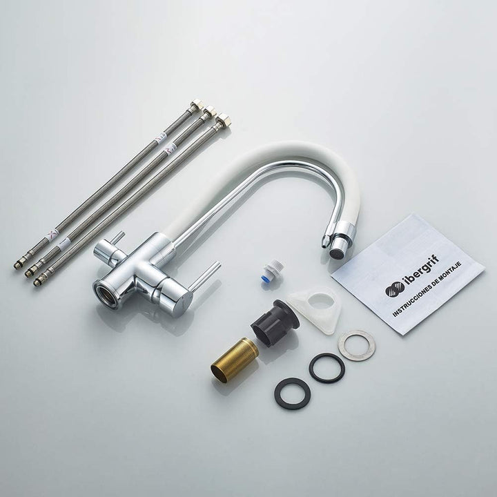 Ibergrif M22122-3 - 3 Wege Küchenarmatur, Wasserhahn für Küche mit Weiss Flexibler Auslauf, Chrom, S