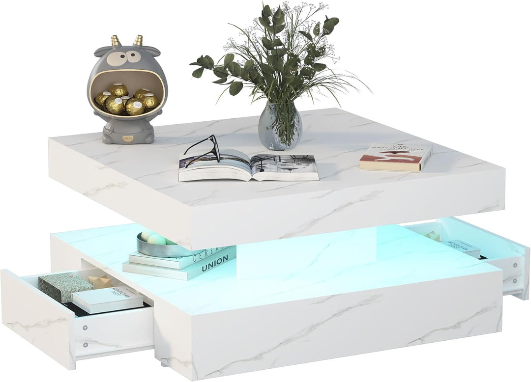KEEPREAPER Couchtisch LED, Wohnzimmertisch mit 2 Schubladen für Wohnzimmer 78 x 78 x 40cm (Weiss Mar