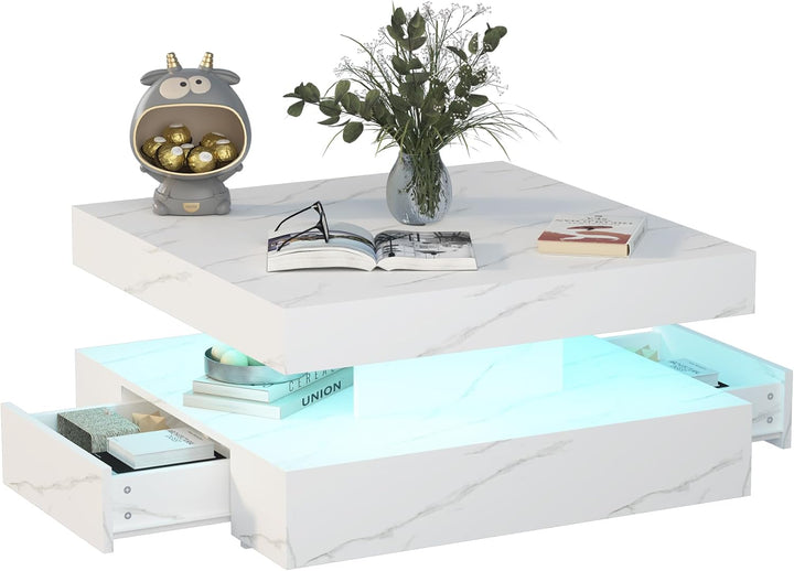 KEEPREAPER Couchtisch LED, Wohnzimmertisch mit 2 Schubladen für Wohnzimmer 78 x 78 x 40cm (Weiss Mar