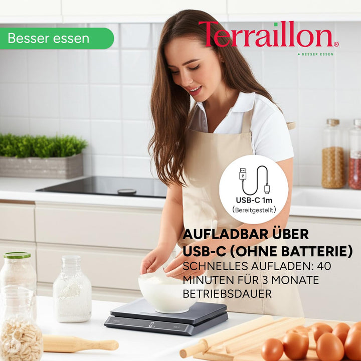 TERRAILLON - PRO USB15 – Professionelle elektronische Küchenwaage, grosse Platte aus Edelstahl, 23 x