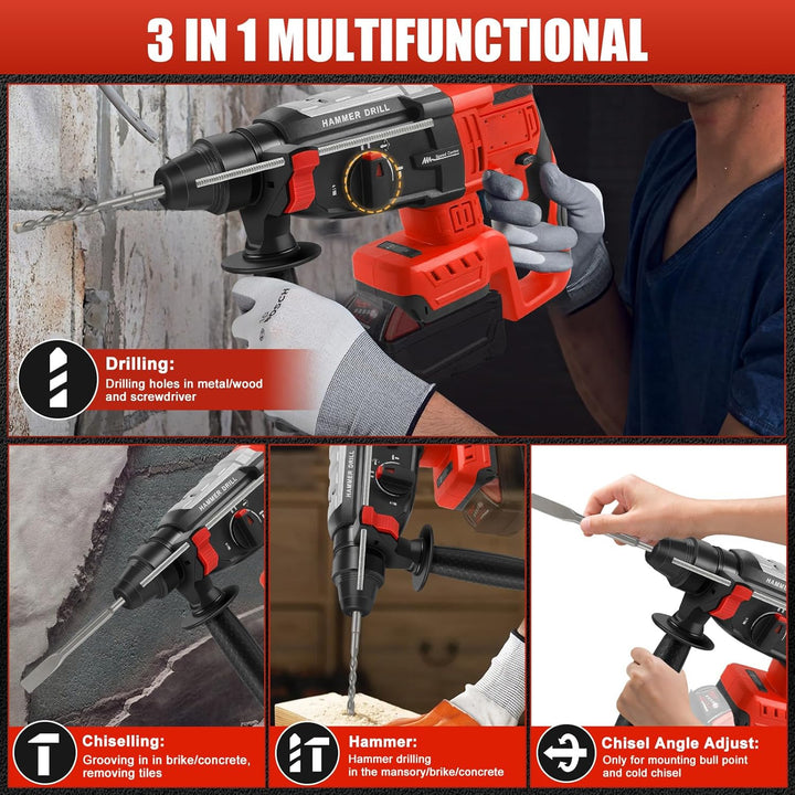 Professional Bohrhammer 600W kompatibel für Milwaukee 18V Akku(ohne Akku),Abbruchhammer Geschwindigk