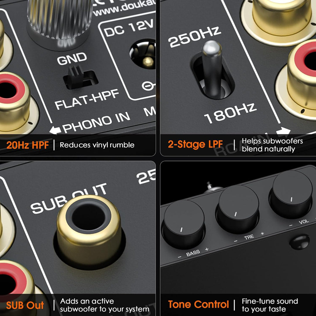 Douk Audio Röhrenvorverstärker MM Phono-Stufe HiFi Stereo-Vorverstärker mit Tiefpassfilter, Subwoofe