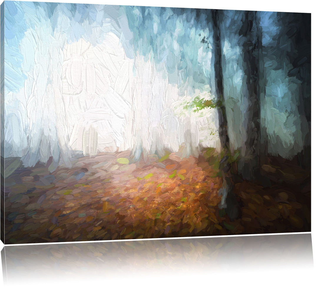 Pixxprint Düsterer Wald im Nebel als Leinwandbild/Grösse: 100x70 cm/Wandbild/Kunstdruck/fertig bespa