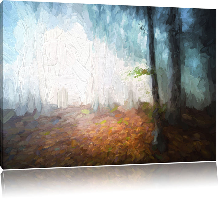 Pixxprint Düsterer Wald im Nebel als Leinwandbild/Grösse: 100x70 cm/Wandbild/Kunstdruck/fertig bespa