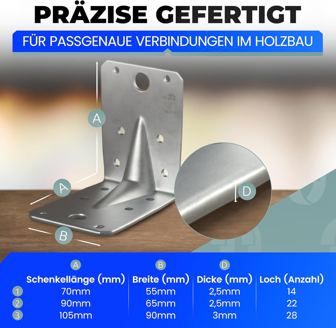 Lochplattenwinkel Winkelverbinder mit Steg 90 x 90 x 65 x 2,5 mm Holzverbinder Bauwinkel Eckwinkel L