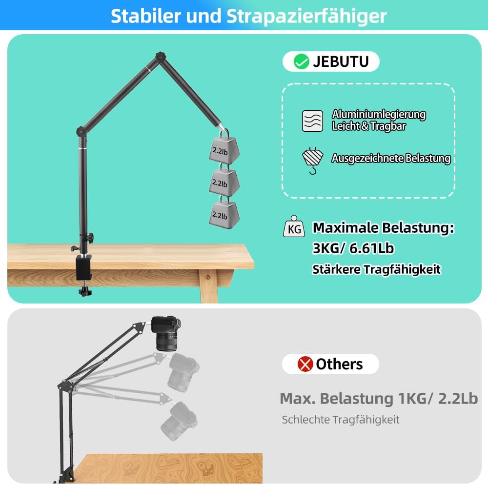 JEBUTU MS05 Overhead Stativ Kamera Tischstativ, 37.5-104.5cm Verstellbar Kamera Tischstativ für Kame