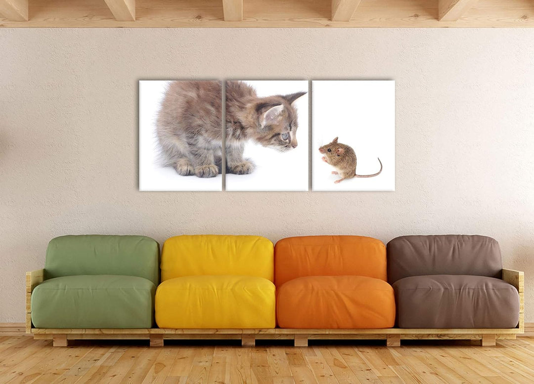 Pixxprint Katze und Maus Freunde als XXL Leinwandbild in Übergrösse 180x80cm Gesamtmass 3 teilig/Wan