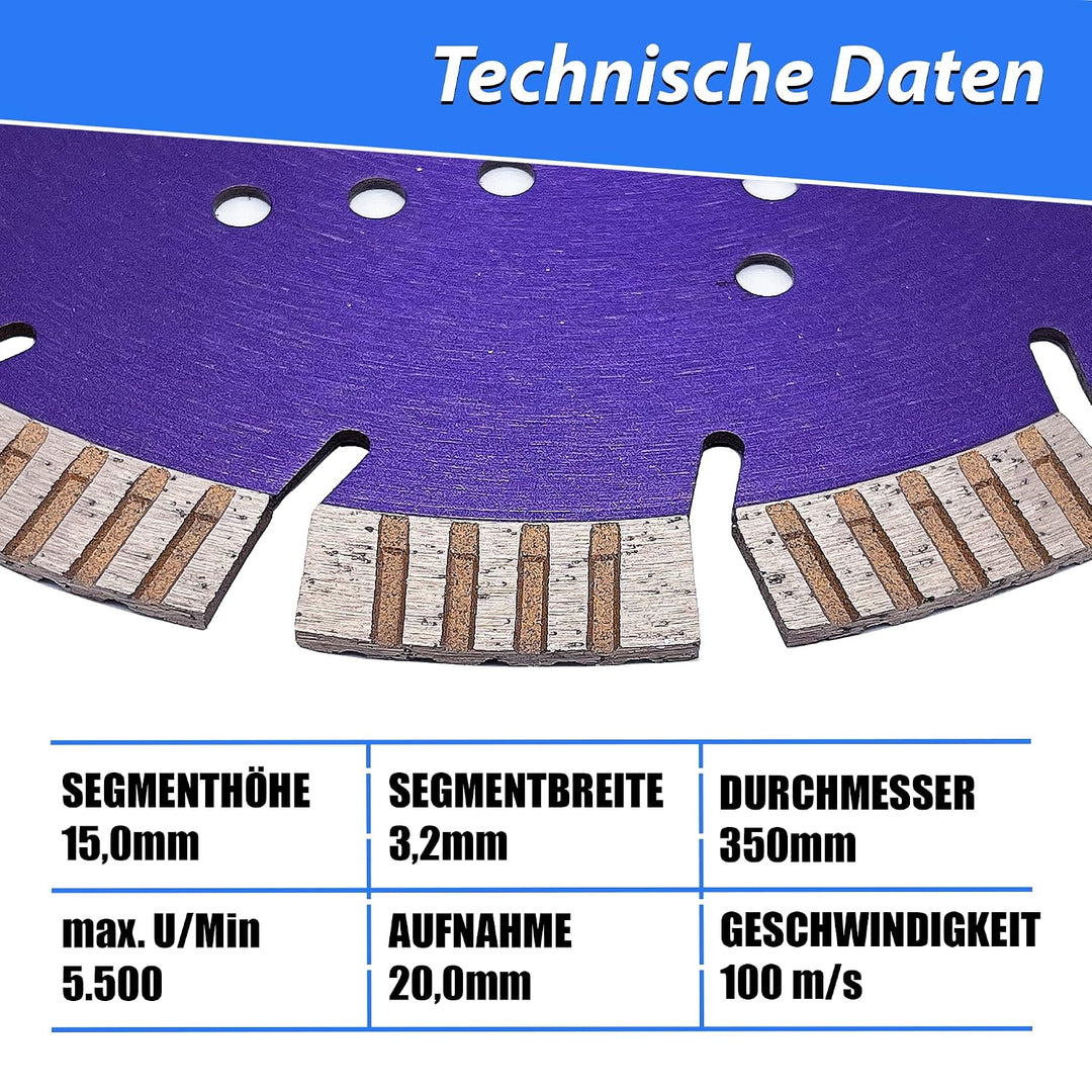 LXDIAMOND Diamant-Trennscheibe 350mm x 20,0mm - Segmente 15mm - passend für Beton Stahlbeton Waschbe