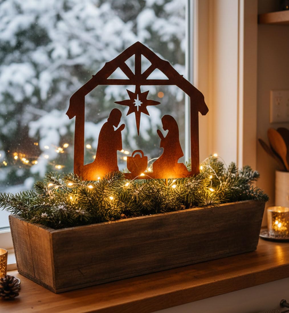 LB H&F Lilienburg Rostkrippe Gartenstecker Krippe Gartenstecker Weihnachtskrippe Winterdeko Weihnach