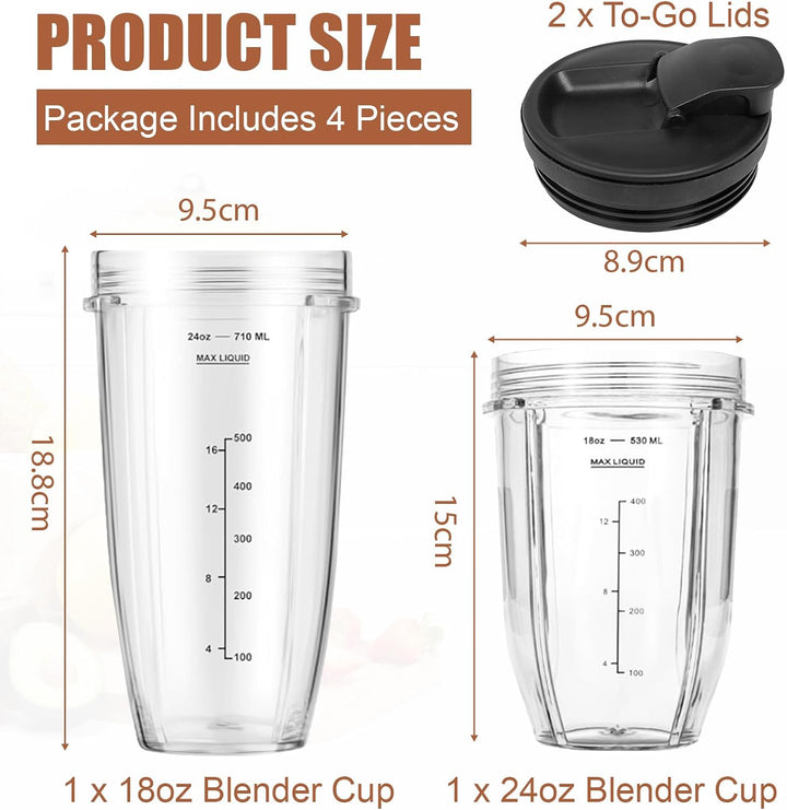 Ersatzbecher kompatibel mit Ninja Auto-iQ Blender – 18oz & 24oz Smoothie Cups mit Deckel – Passend f