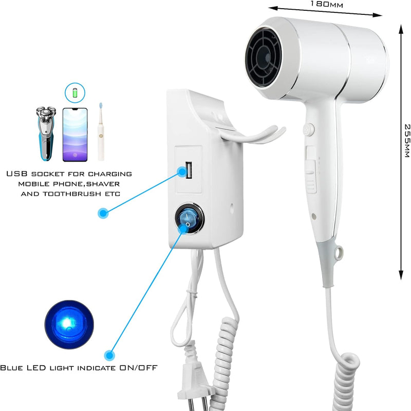 QL Haartrockner Ionen mit Wandhalterung und USB-Steckdose,Föhn mit ThermoProtect Technologie 2000wat