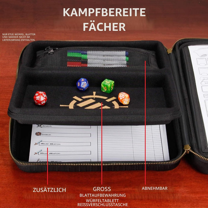 ENHANCE RPG-Organizer-Etui – DND-Ordner mit integriertem Charakterbogenhalter, Würfelrollbereich, he