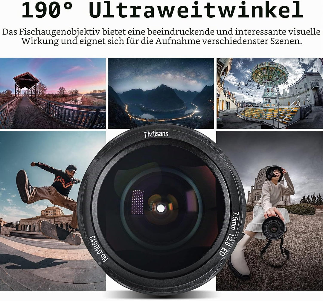 7artisans 7,5 mm f2.8 Mark II APS-C Fischaugen-Weitwinkelobjektiv für Sony E spiegellose Kamera A630