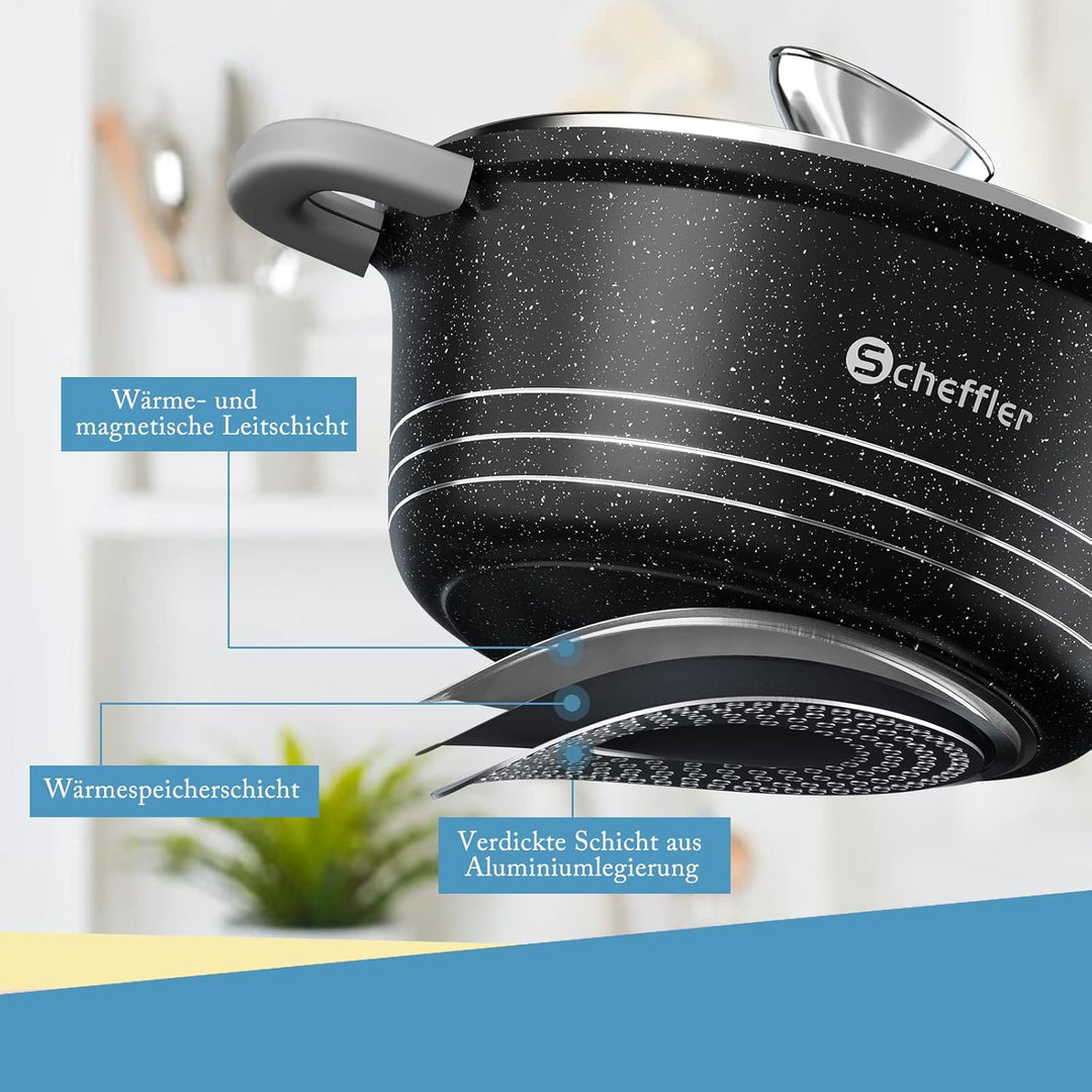Topfset Scheffler 20cm,2.2L&24cm,4L&28cm,6L&32cm,5.5L, Kochtopf Set Induktions Töpfe Set mit Glasdec