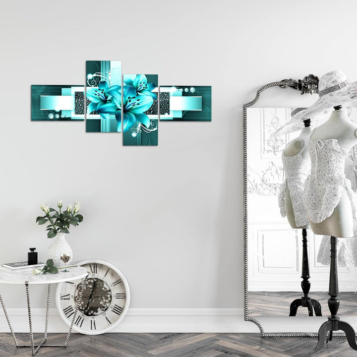 Runa Art Bild Modern Blumen Lilien - Made in Germany - Wandbilder Abstrakt Türkis 4 Teilig 008642a