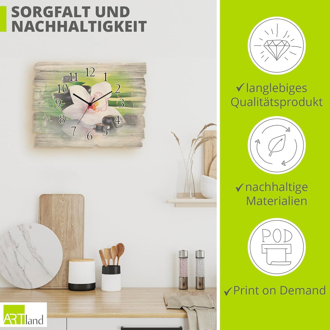 ARTLAND Wanduhr ohne Tickgeräusche aus Holz Funkuhr 40x30 cm Rechteckig Lautlos Orchidee Zen Pflanze