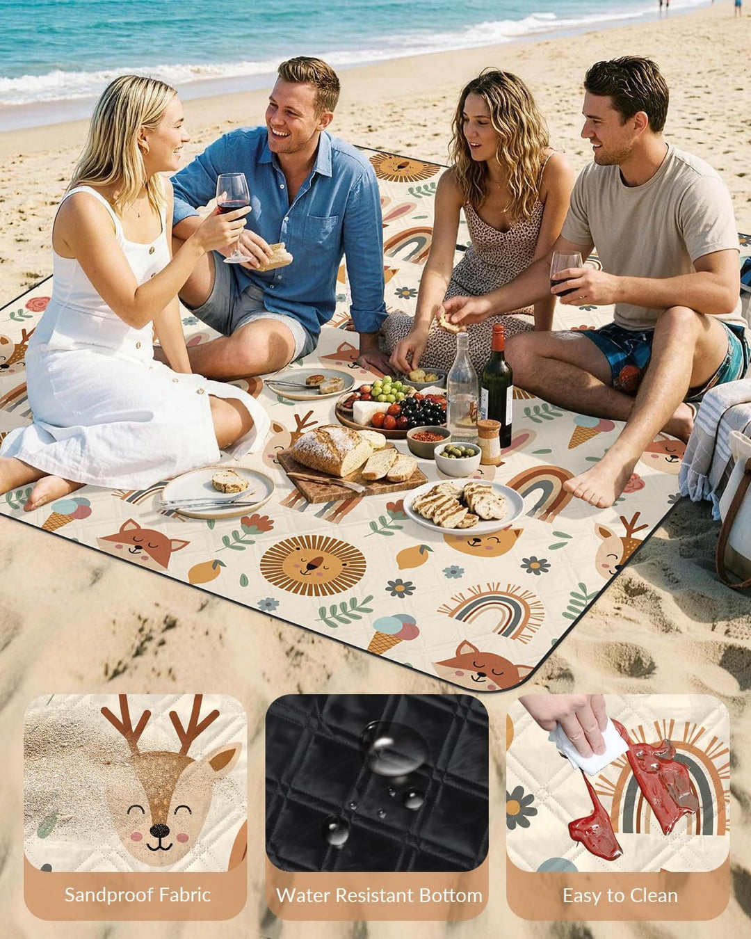 Kinder Picknickdecke Wasserdicht Faltbar, 200x200cm Tragbare Strandmatte Tier Maschine Waschbar, Gro