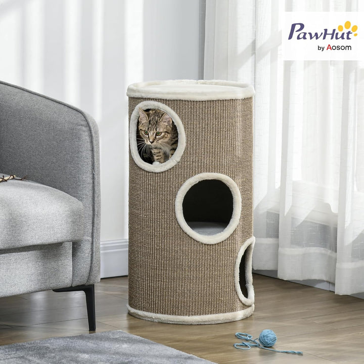 PawHut Kratztonne 70 cm Hoch Ø 38 cm dreistöckige Katzentonne mit Plüschrand, Katzenhöhle, Kratzbaum