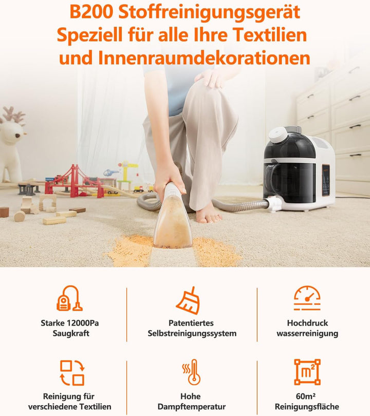 uwant B200, Polsterreiniger Gerät, 1900W | Dampft, Schrubbt und Saugt | Für Teppiche, Sofas, Vorhäng