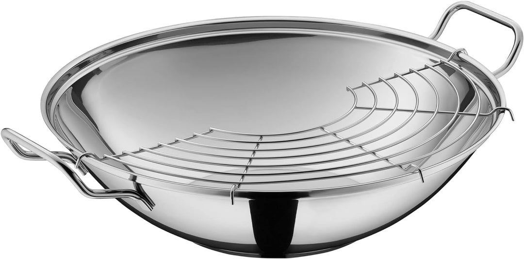 WMF Party Taiwan Wokpfanne Induktion 36 cm, Wok mit Deckel und Ablagegitter, Cromargan Edelstahl unb