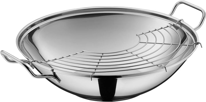 WMF Party Taiwan Wokpfanne Induktion 36 cm, Wok mit Deckel und Ablagegitter, Cromargan Edelstahl unb