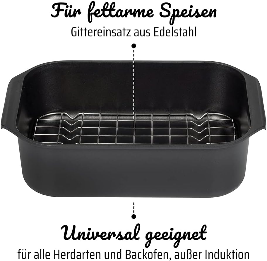 GSW Rechteckbräter Gourmet mit Aroma-Glasdeckel und Grilleinsatz, Aluguss, Schwarz, ø ca. 40 x 26 x