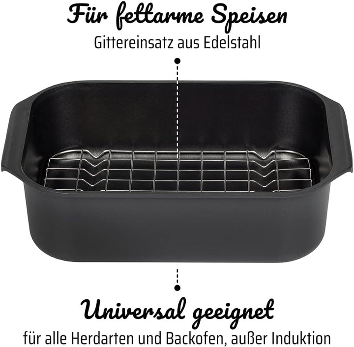 GSW Rechteckbräter Gourmet mit Aroma-Glasdeckel und Grilleinsatz, Aluguss, Schwarz, ø ca. 40 x 26 x