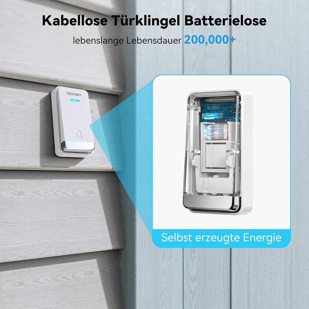 TECKNET Türklingel Batterielose, IP65 Wasserdicht Steckdosen-Funkklingel 400m Funk Türklingel Drahtl