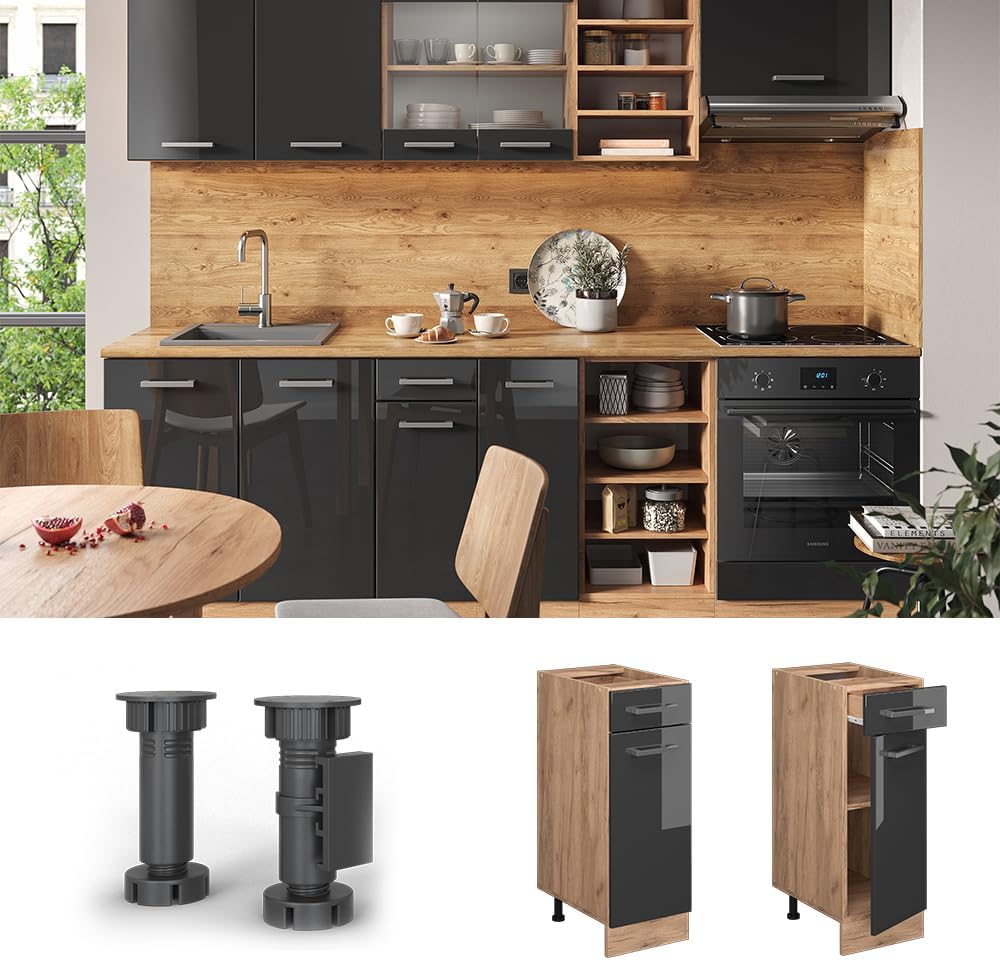 Vicco Küchenunterschrank R-Line, Anthrazit Hochglanz/Goldkraft Eiche, 30 cm ohne Arbeitsplatte Anthr