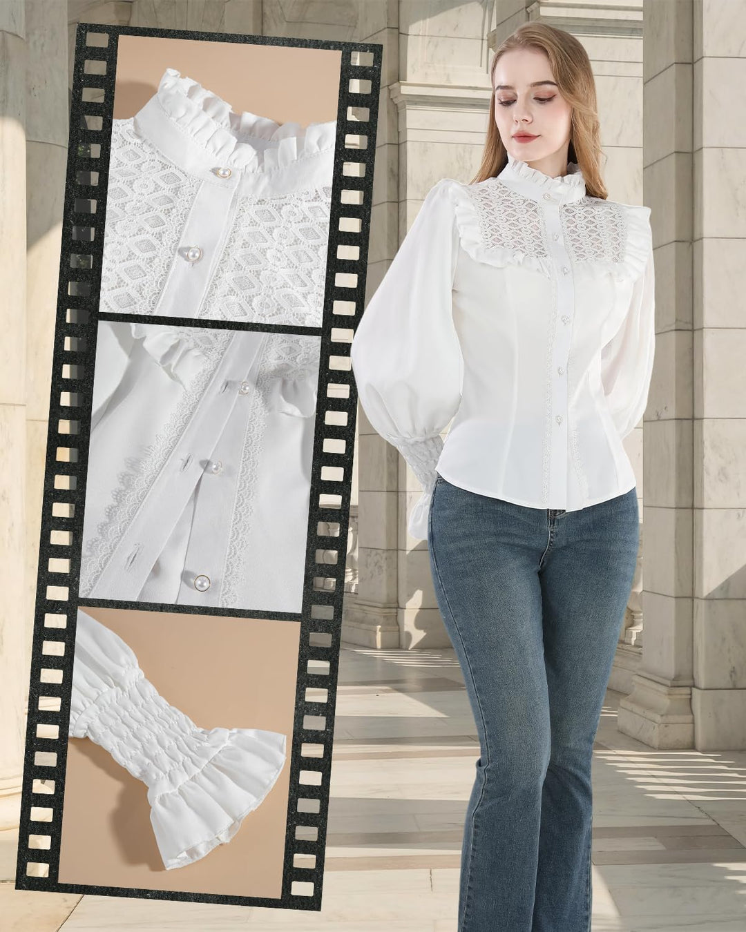 CR ROLECOS Viktorianische Bluse Damen Stehkragen Damen Mittelalter Rüschenbluse Vintage Bluse Weiss