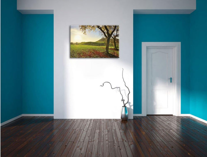 Pixxprint Landschaft im Herbst Kunst Buntstift Effekt, Format: 100x70 auf Leinwand, XXL riesige Bild